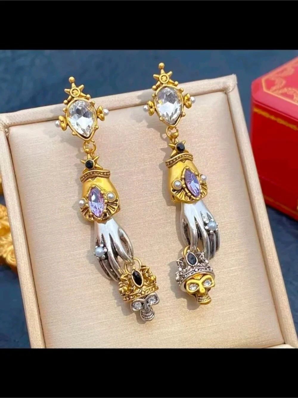 Gold and Silver Hand Drop Earrings with Purple and Clear Stones